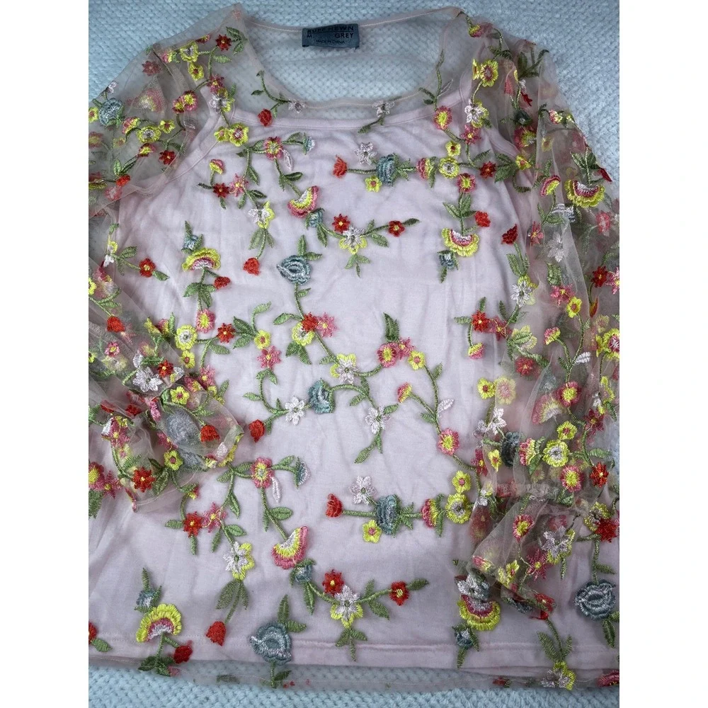 Ruff Hewn Grey Pink Floral Embroidered Mesh Overlay Top Camisole Set Medium‎